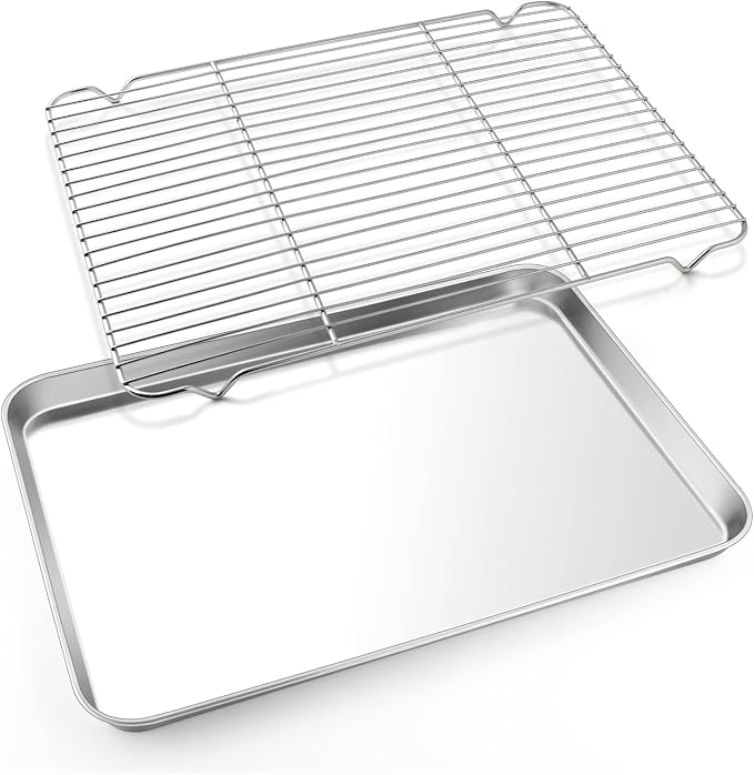 E-far Cookie Sheet with Rack Set, 18”x13” Baking Pan for Oven Roasting | Stainless Steel Half Sheet Rimmed Tray with Wire Cooling Rack, For Cooking Broiling Bacon Meat Steak, Dishwasher Safe