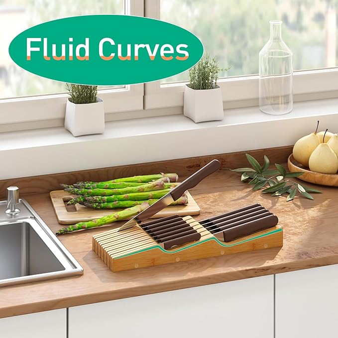 Knife Drawer Organizer, Bamboo Wood In-Drawer Knife Block, Knife Organizer Holds Up To 13 Knives