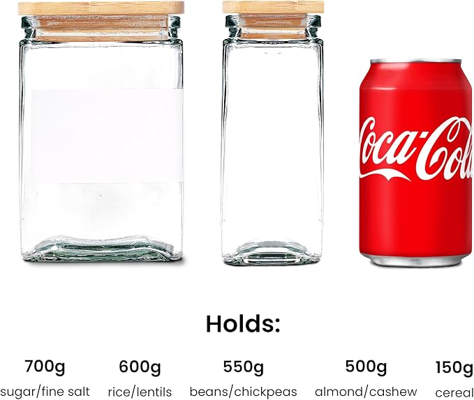 Glass Storage Jars with Bamboo Lid, glass canisters with airtight lids, Clear jars with lids for Spice, Cookie, Candy, Tea, Coffee Bean and Rice (White, 26 oz, Set of 6)