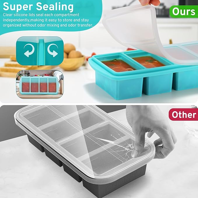 Silicone Freezer Tray with Lid, 1-Cup, 2-Pack (Aqua) | BPA-free, leakproof lid, easy-release, stackable, dishwasher-safe. Great for soups, sauces, leftovers, meal prep, baby food.