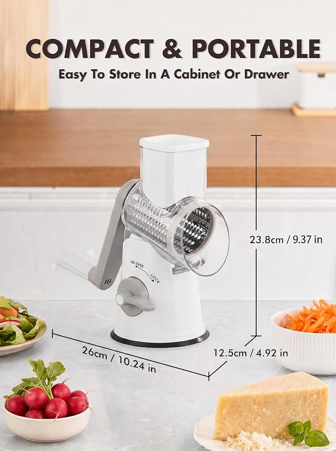GDL Rotary Cheese Grater, Upgraded 5-in-1 Cheese Grater Hand Crank, Multi-purpose Cheese Shredder with Handle, Vegetable Slicer Cutter Ice Shaver for Potato, Carrot, Nuts, Chocolate
