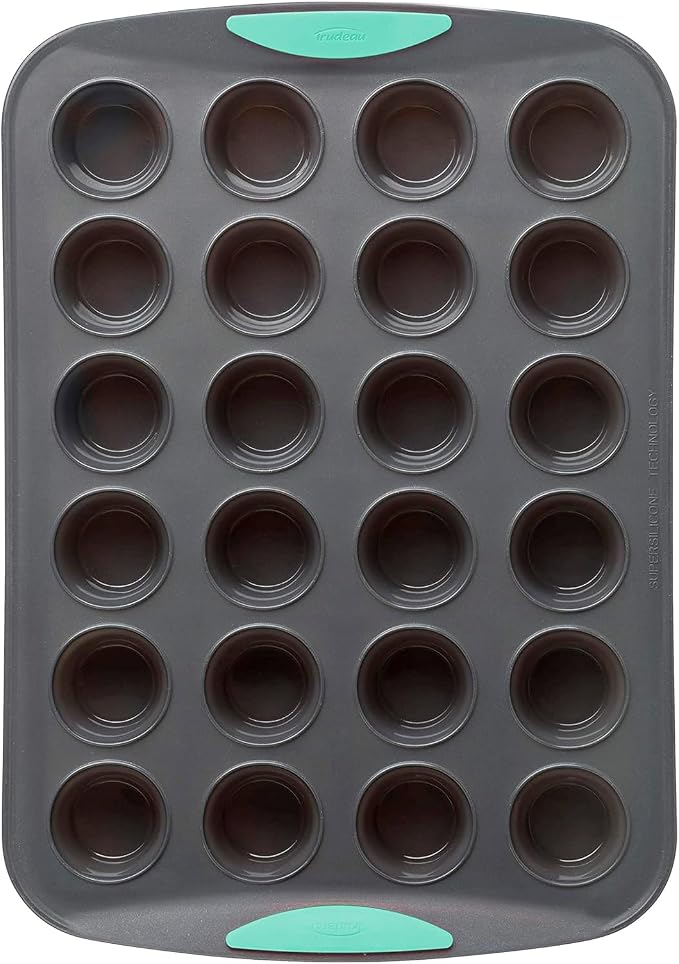 Trudeau 24-Cup Silicone Muffin Pan – Hybrid Non-Stick Bakeware with Steel Frame, Flexible Silicone with Hard Lining to Hold Shape, BPA-Free, Dishwasher Safe, Heat Safe to 428°F, Grey/Mint
