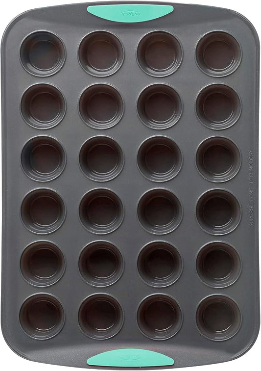 Trudeau 24-Cup Silicone Muffin Pan – Hybrid Non-Stick Bakeware with Steel Frame, Flexible Silicone with Hard Lining to Hold Shape, BPA-Free, Dishwasher Safe, Heat Safe to 428°F, Grey/Mint