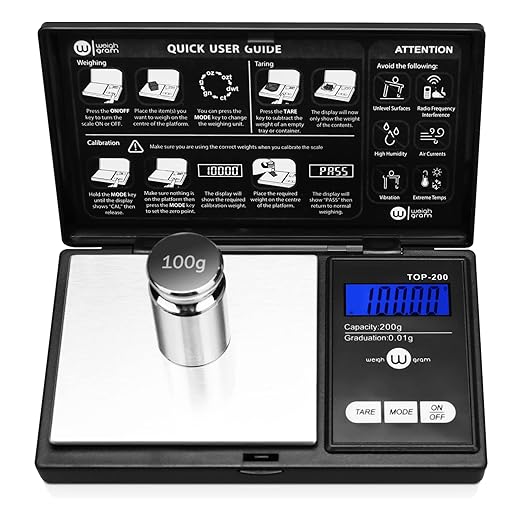 Digital Pocket Gram Scale 200g x 0.01g High Precision with 100g Calibration | Mini Scale Weighs Kitchen Small Food, Jewelry, Ounces, Grains, LCD Display, Tare Function With 100g Calibration Weight