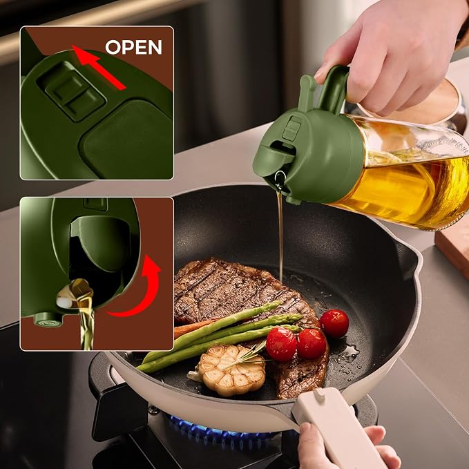 YARRAMATE 16 oz 2-in-1 Glass Olive Oil Sprayer for Cooking, OliveGreen | Food-grade dispenser bottle, 470 ml, spray and pour, portion control, stickers included, for salad, frying and BBQ