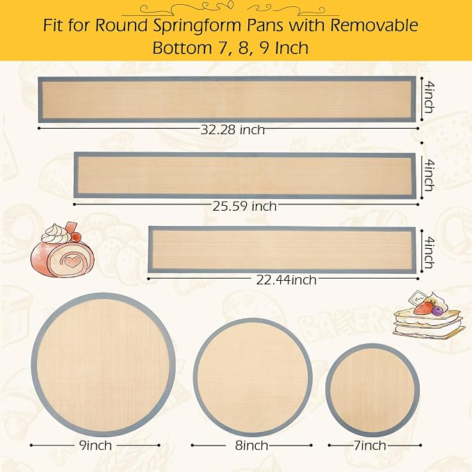 Honeydak 3 Set Silicone Baking Mat for 7, 8, 9 Inch Springform Pan Protector Nonstick Reusable Cake Pan Liners for Cheesecake Baking Prevent Sticking to Bottom & Side, Easy Release & Clean(Gray)