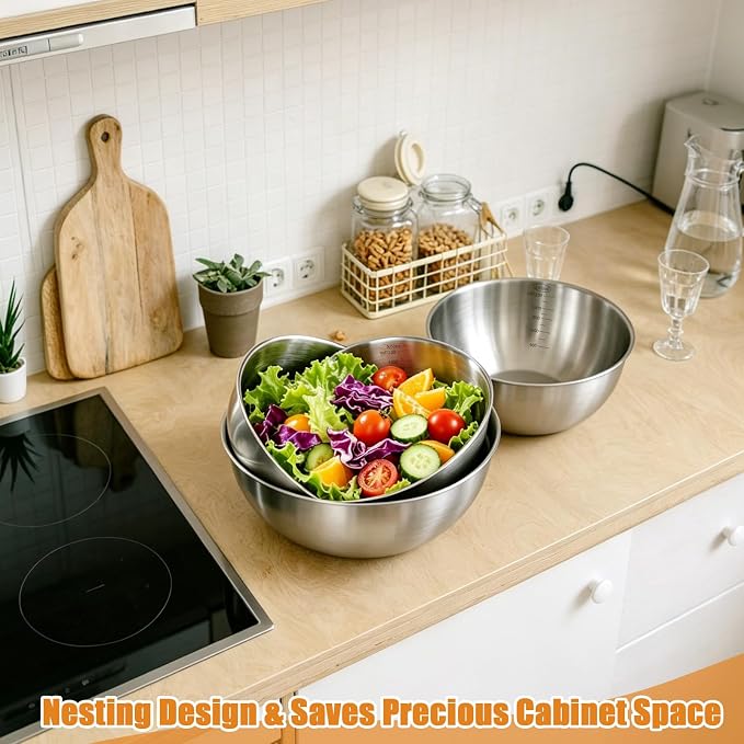 TINSKY 3 Pcs Stainless Steel Mixing Bowls Set Food Grade 304 Metal Nesting Prep Bowls for Kitchen Cooking Baking Salad, Dishwasher Safe (1.5, 2.2, 3.4 Qt)