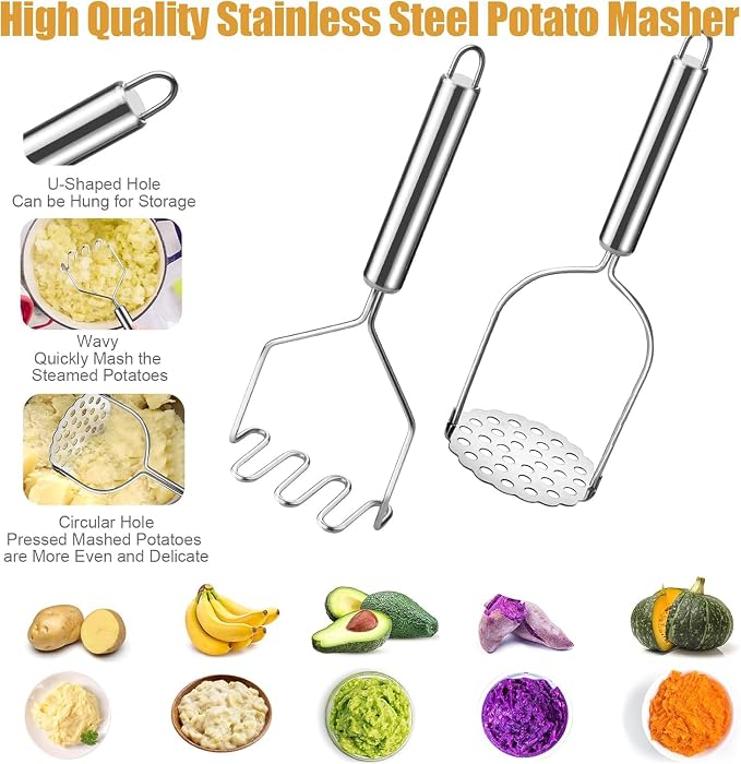 2 Pcs Potato Smasher, Mashed Potato Masher, Stainless Steel Masher Kitchen Tool for Avocado, Bean, Fruit, Vegetables, Food