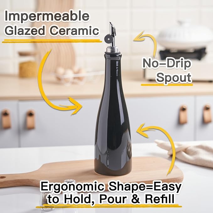 YOLIFE Olive Oil Dispenser Bottle, 17oz/500ml Ceramic Oil Bottle (Black) | Oil Dispenser with Gravity Spout, Leak Proof EVOO Dispensing Bottle with 2 Spouts and 1 Funnel for Vinegar, Kitchen