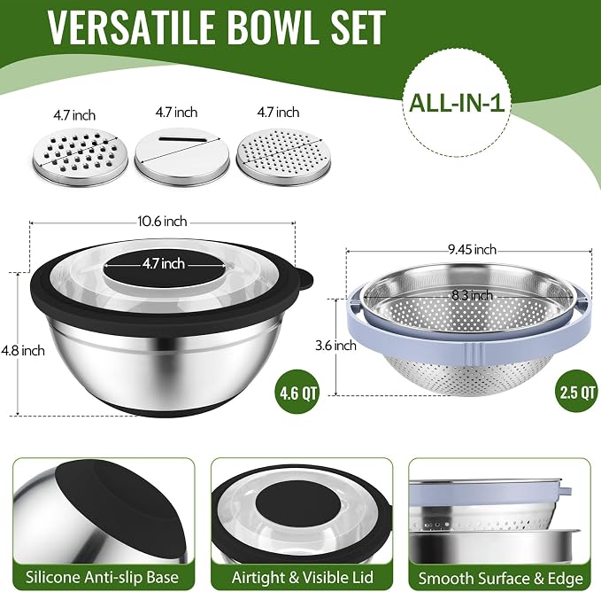 P&P CHEF 4-In-1 Stainless Steel Colander with Bowl Set, Rotatable Strainers for Kitchen, Fruit Cleaner, Washing Fruit & Draining Pasta, Mixing Bowl and Lid with Grater for Salad, Black