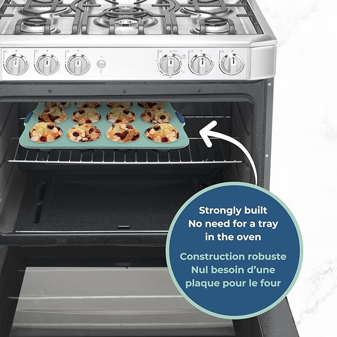 Starfrit Silicone Bakeware 12 Muffin Pan with Integrated Metal Frame - Premium Silicone BPA-Free - Heat Resistant - Ergonomic Handles - Easy Release - Oven & Dishwasher Safe - Green