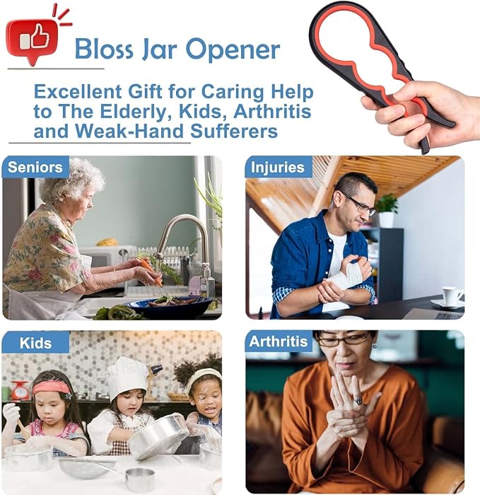 Bloss Jar Opener Can Opener Kitchen Grippers, Multi-use Lid Opener Set | Anti-skid Jar Openers for Weak hands, Seniors with Arthritis, Includes Non-slip Rubber Gripper Pad & Wine Opener, Black Red