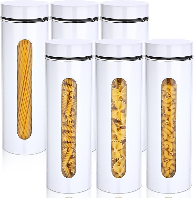 6 Pack Kitchen Canisters Set Airtight Coffee Sugar Tea Storage Jars with Window Glass Stainless Steel Containers with Lids for Flour Cookies Spices Grains Kitchen Decorations(White,60 oz)