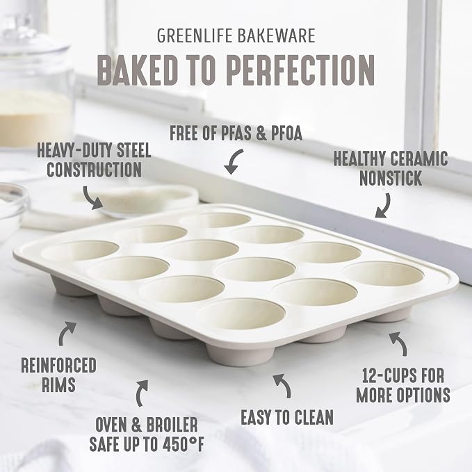 GreenLife 12 Cup Ceramic Nonstick Muffin Pan, Taupe