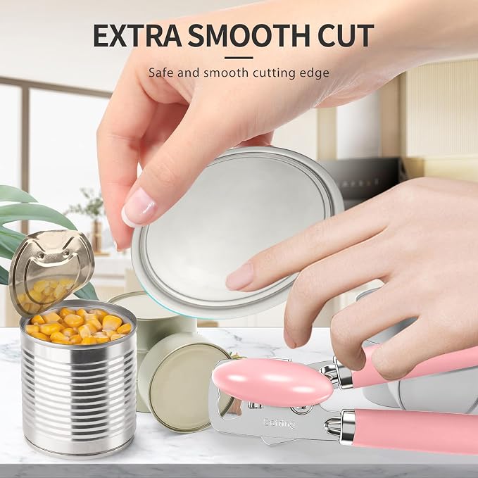 Safring Can Opener Manual, Heavy Duty Stainless Steel Smooth Edge Can Openers With Soft Touch Handle, Oversized Handheld Easy Turn Knob, Multi-Function Bottle Opener, Pink