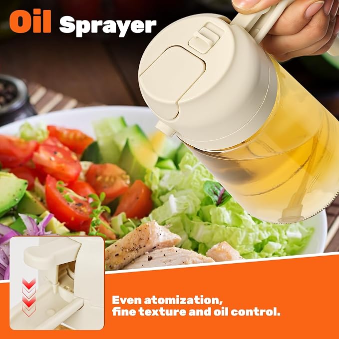 CJT 2Pcs Olive Oil Dispenser,2 in 1 Oil Sprayer for Cooking 16oz/470ml Glass Oil Bottle for Cooking, Frying, Salad, and BBQ (Black & White)