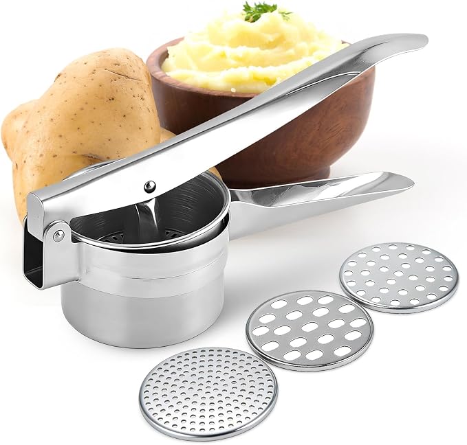 EVALAND Stainless Steel Potato Ricer and Masher - With 3 Interchangeable Disks, 15oz Heady Duty Ergonomic Potato Ricer For Mashed Potatoes Tool, Mash Potatoes Masher, Dishwasher Safe Spaetzle Maker