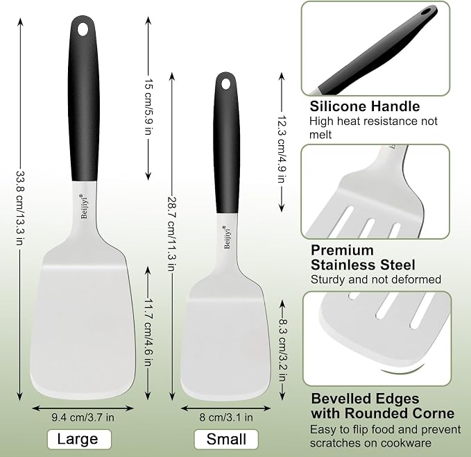 Beijiyi Stainless Steel Spatulas, 2 Pcs Metal Spatula Set for Cooking with Silicone Handle, Heavy Duty Turner for Cast Iron Skillet, Flat Top Grills, Kitchen Utensils for Steak, Pancake, Smash Burger