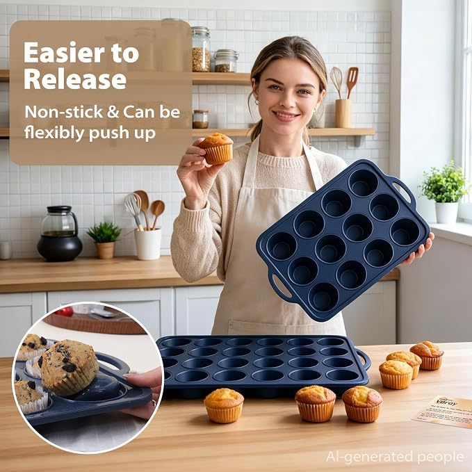 2 Pack Silicone Muffin Pan 12 and 24 Cup with Metal Frame,Non Stick Silicone Mini Cupcake Pan with Handles, BPA Free Silicon Regular Muffin Tin Tray Small for baking, egg bites, Mold Grey