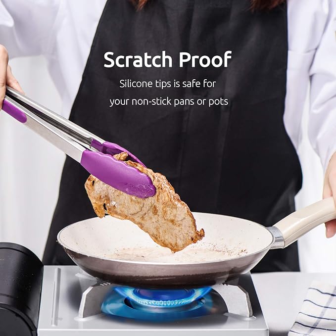 Kitchen Tongs, U-Taste 7/9/12 inches Cooking Tongs, with 600ºF High Heat-Resistant Non-Stick Silicone Tips, 18/8 Stainless Steel Handle, for Food Grill, Salad, BBQ, Frying, Serving, Pack of 3(Purple)
