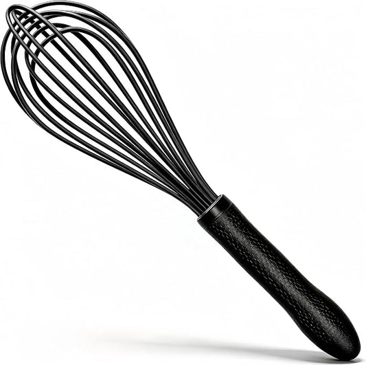 TEEVEA Silicone Whisk 11 Inch, Nonstick Heat Resistant for Cooking Baking | Black, food grade, dishwasher safe, stainless steel core, non-scratch, balloon shape, handheld, kitchen egg & batter mixing