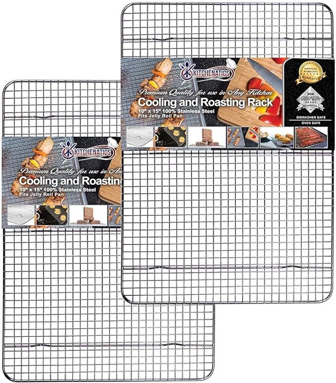 KITCHENATICS Jelly Roll Cooling Rack Stainless Steel Oven Safe Set of 2 | Fits standard 10x15 jelly roll pans for grilling, broiling, drying and draining grease while baking
