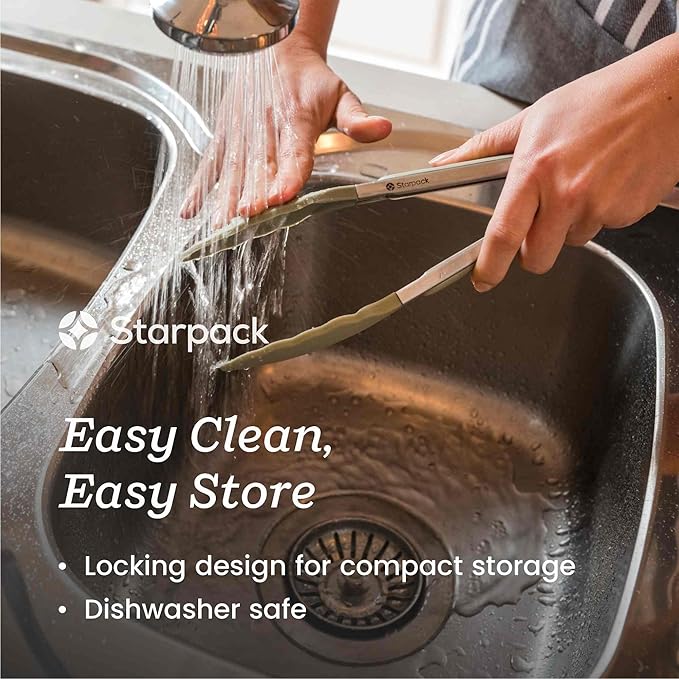 Starpack Get a Grip Silicone Kitchen Tongs (12 Inch) - LFGB Non Toxic, 600°F Heat Resistant, BPA-Free - Heavy-Duty Stainless Steel, Locking - Dishwasher Safe for Nonstick Cookware Sage Green