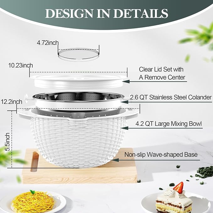 4-1 Colander with Bowl Set - Rotatable Colander for Kitchen(Patented) - Strainers and Colanders - Pasta Strainer with New Upgraded Graters for Fruit Veggie Fun Kitchen Presents - White