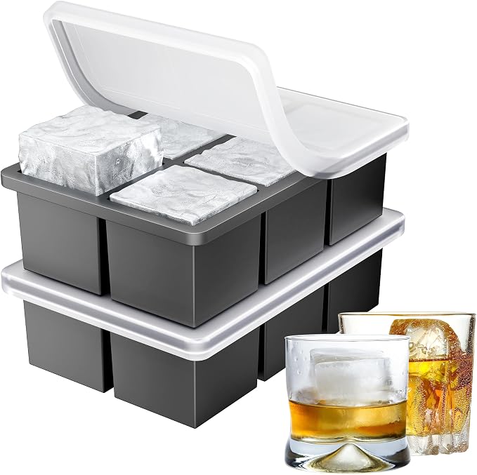 Ankway Silicone Ice Cube Tray, Large, 2 Pack, XXL Ice Cube Tray with Lid for 5 cm, 12 Ice Cubes, BPA-Free Premium Silicone Ice Cube Tray for Chilled Drinks, Whisky, Cocktails, Beer and Coffee