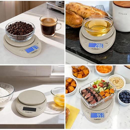 Small Digital Kitchen Scale Food -11lb/5kg Kitchen Weight Scale with LCD Display for Weight Loss, Sourdough Bread, Baking, Cooking, Keto and Meal Prep, 1g Precision, Batteries Included, Khaki