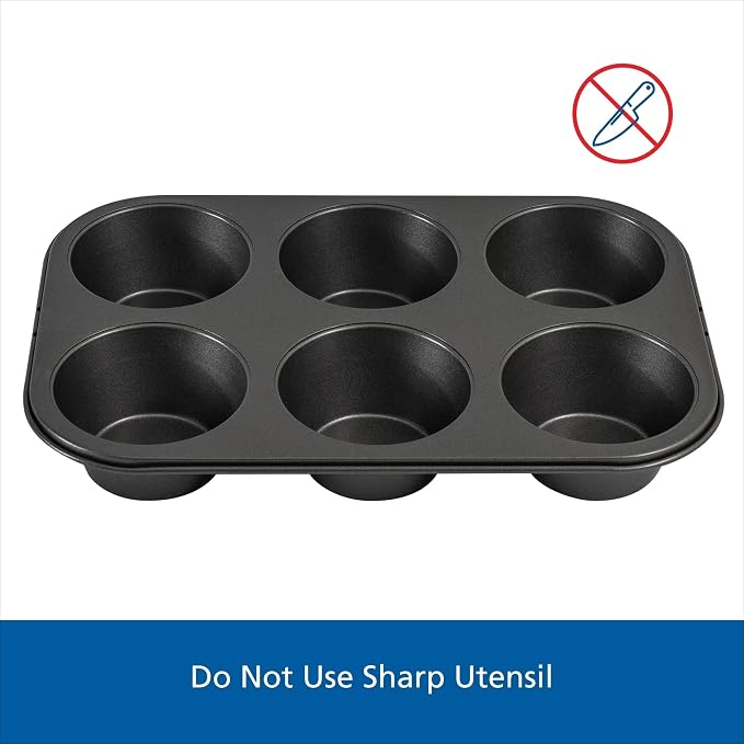 6 Cup Jumbo Muffin Pan, Non-Stick Carbon Steel Bakeware, Gray, 12.6x8.58x1.81 Inch, Even Heating, Dishwasher Safe