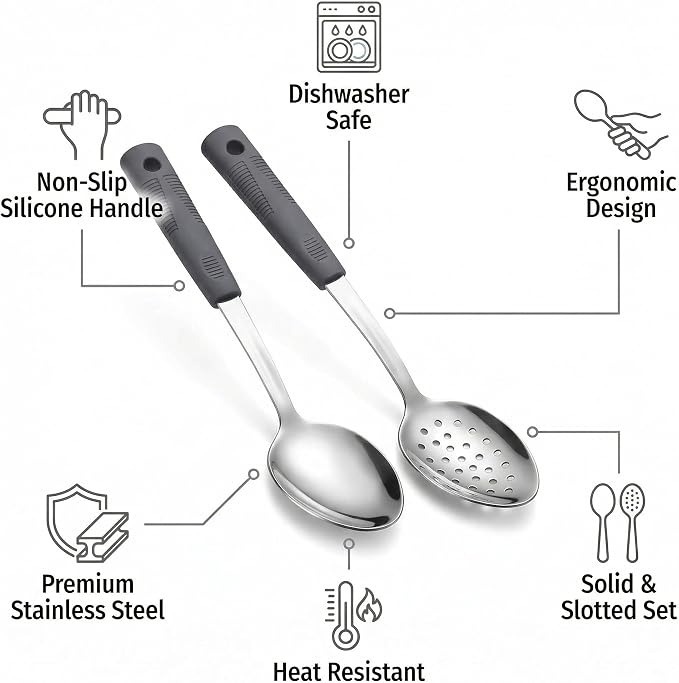 Serving Spoon Set with Silicone Handles,2-Piece spoon | Stainless Steel Serving Spoon, Slotted Spoon & Soup Ladle Set for Buffet and Home Kitchen