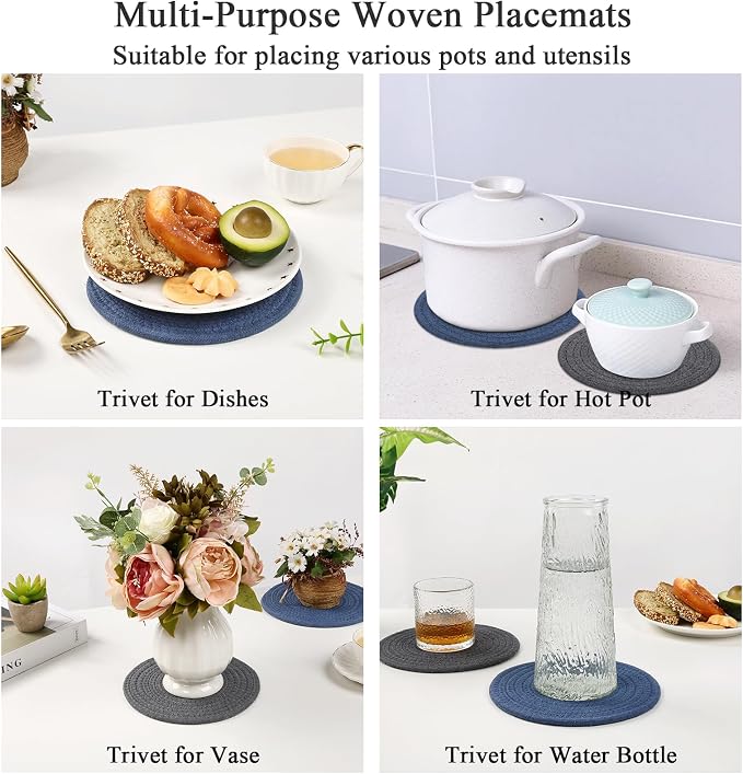 SHACOS 8 Inch Trivets for Hot Dishes, 4 Pcs Cotton Trivets Mats for Kitchen, Hot Pads for Countertops and Table, Heat-Resistant Pot Holders for Hot Pots and Pans(Blue+Dark Grey) (Pack of 2)