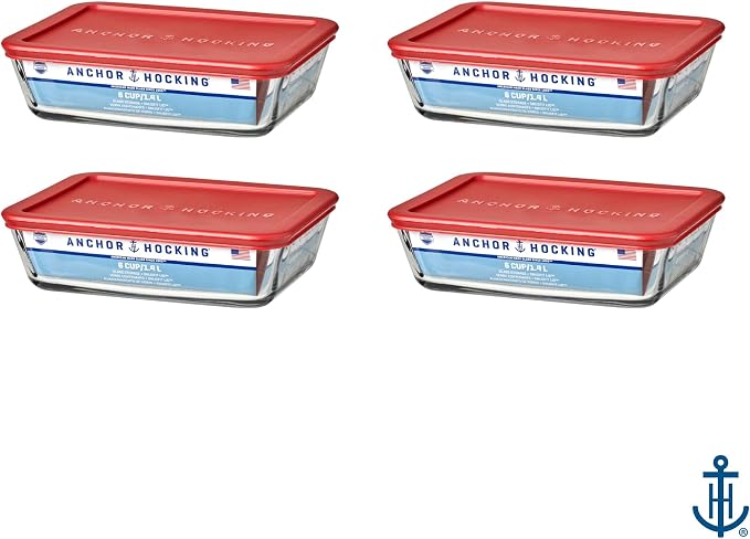 Anchor Hocking SnugFitTM Rectangular Food Storage Containers with Lids (4-Piece, 6-cup, Red, oven-safe)