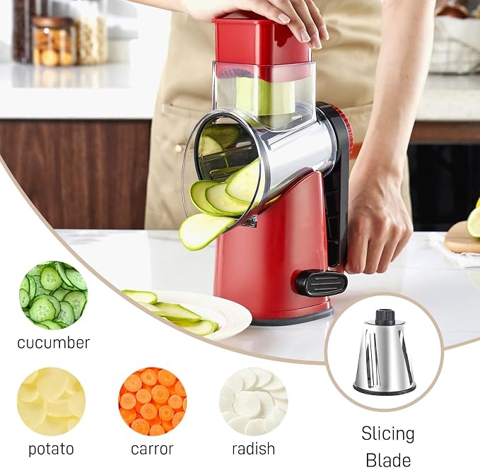 Weltonhm Rotary Cheese Graters with 4 Blades, Large Hand Crank Cheese Grater with Waffle Slicer, Red Cheese Shredder with Suction Base, Easier for Shredding & Grating (Red and black, 4 Graters)