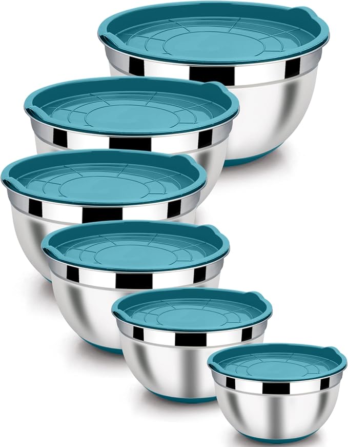 LIANYU Metal Nesting Mixing Bowls Set of 6, Size 7, 3.5, 2.5, 2, 1.5, 1QT | Large Stainless Steel Bowls for Cooking, Baking, Food Storage, Non-slip Bottom & Airtight Lids, Dark Blue