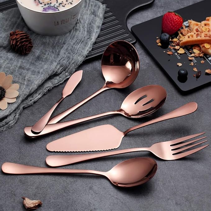 6-Piece Copper Serving Flatware Silverware Set,Stainless Steel Serving Utensil Set,Include Cake Server, Slotted Serving Spoon, Serving Spoon, Cold Meat Fork, Butter Knife, Soup Ladle