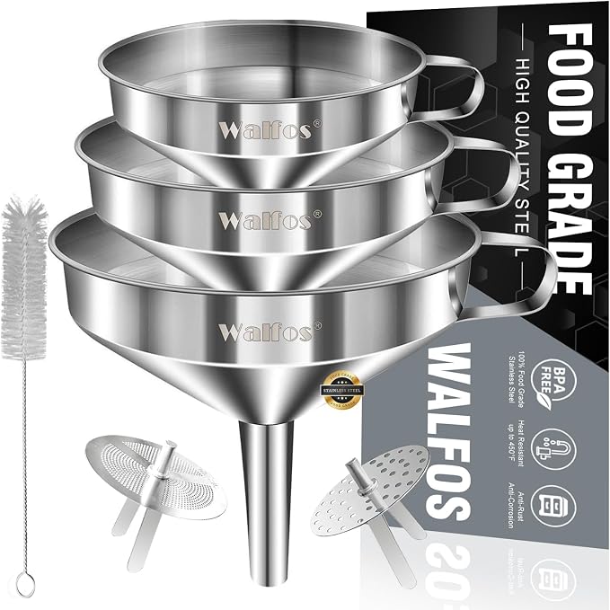 Stainless Steel Funnel, Walfos 3 Pack Kitchen Funnel with 2 Removable Strainer ＆ 1Pcs Cleaning Brush, Perfect for Transferring of Liquid, Oils, Jam, Dry Ingredients & Powder