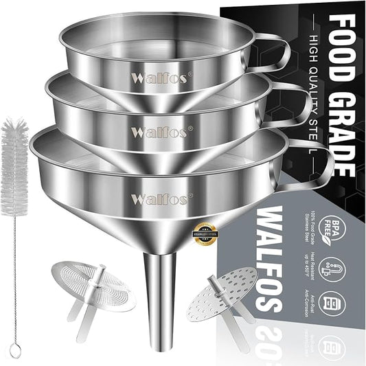 Stainless Steel Funnel, Walfos 3 Pack Kitchen Funnel with 2 Removable Strainer ＆ 1Pcs Cleaning Brush, Perfect for Transferring of Liquid, Oils, Jam, Dry Ingredients & Powder