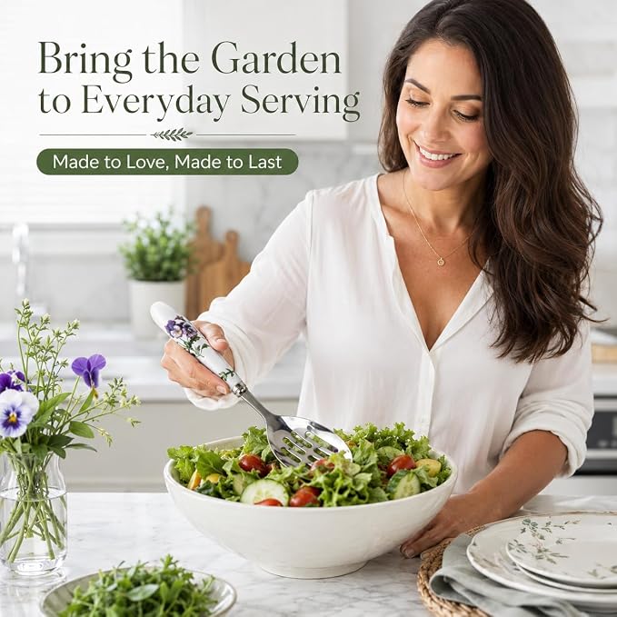 Portmeirion Botanic Garden Slotted Spoon | Slotted Spoon for Serving & Draining, Ideal for Pasta, Vegetables, & Serving, Porcelain & Stainless Steel Construction