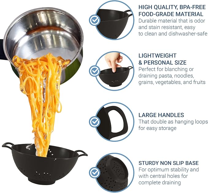 Meadow Lane 6-inch Small Colander, BPA-Free, Dishwasher Safe, Double Handles, Compact Food Strainer for Berries, Veggies and Pasta, 3-Cup Capacity, Glossy Black