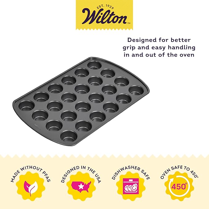 Wilton Gold Premium Non-Stick Warp-Resistant Bakeware, Made without PFAs, Muffin Pan, 24-cup, 16x10x1 in, Packaging May Vary