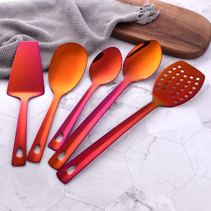 12 Pcs Cooking Utensil Set, Stainless Steel Orange Titanium Plated Cookware Sets with Public Fork/Spoon, Cake Shovels, Spatula, Ladles, Solid Spoon, Slotted Spoon, Pasta Server, Kitchen Tool Gadget