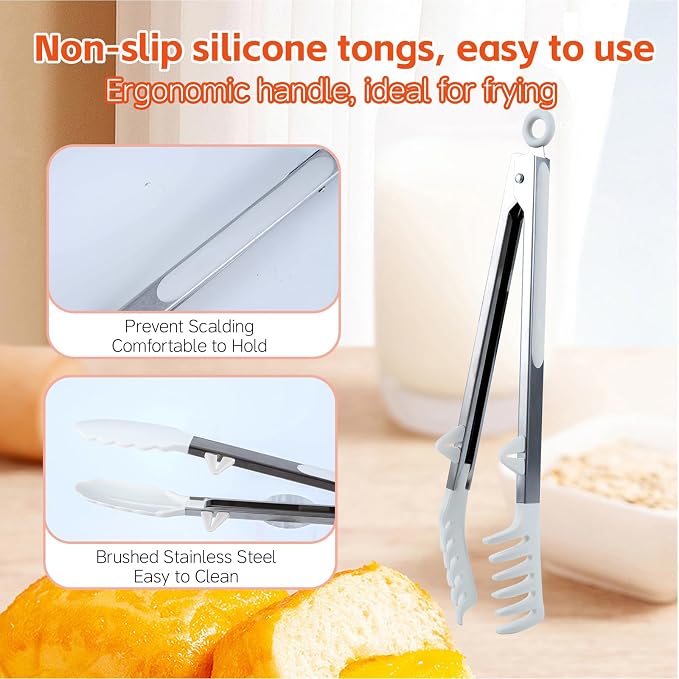 Kitchen Tongs,Set Of 3 Tongs with Silicone Tip for Cooking 9/12 Inch Stainless Steel Kitchen Tong for Meat,Food Grill,Salad,BBQ,Frying,Serving,Dishwasher (White, 9 Inch)