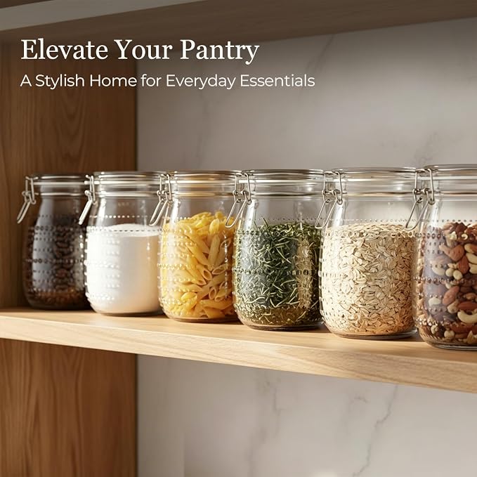 ComSaf Glass Pantry Jars with Airtight Lids 34 oz 6 Pack Wide Mouth Hobnail | Coffee beans sugar, Snacks pasta, Pickling fermenting, Pantry organization, Clear body, Countertop storage, Dry goods