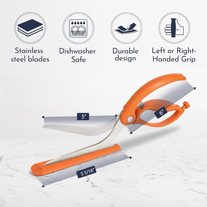 Pizza Scissors - Non-Stick Pizza Scissors with Firm Grip Base - Food Grade Stainless Steel Pizza Cutter - 5-in-1 Food Slicer & Pizza Server - Durable, Safe & Mess Free - Orange