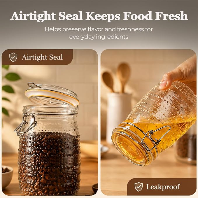 ComSaf Round Glass Jars with Airtight Lids 34 oz 3 Pack Wide Mouth Hobnail | Sugar snacks, Coffee bar Decor, Tea station, Kitchen counter display, Clear body, Kitchen storage, Pantry organization