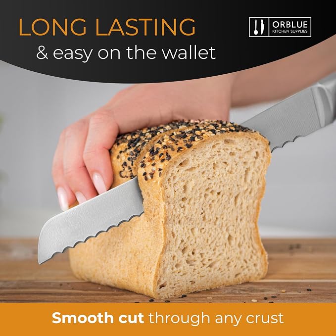 Orblue Serrated Bread Knife Ultra-Sharp Stainless Steel Professional Grade Bread Cutter - Cuts Thick Loaves Effortlessly - (8-Inch Blade with 5-Inch Handle), Blue