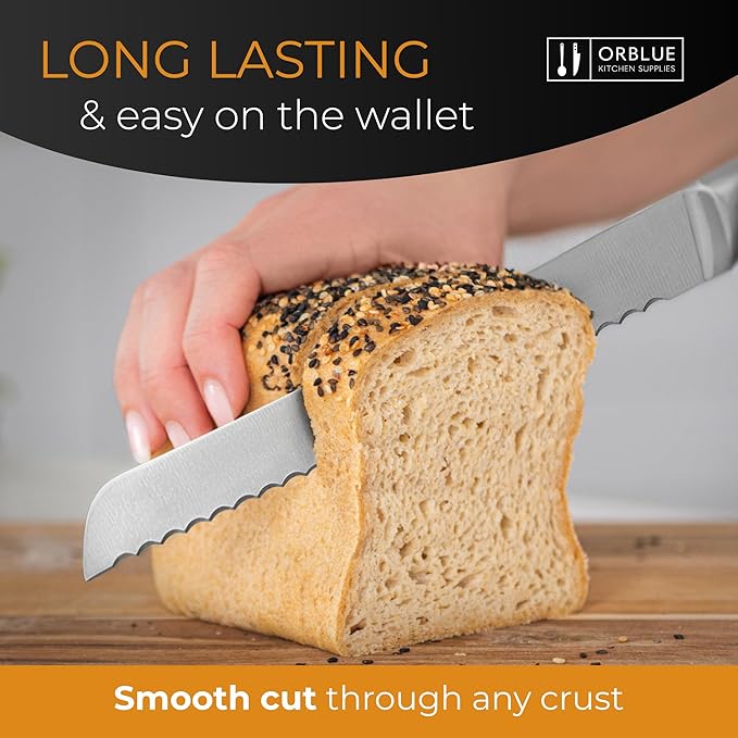 Orblue Serrated Bread Knife with Upgraded Stainless Steel Razor Sharp Wavy Edge Width - Bread Cutter Ideal for Slicing Homemade Bread, Bagels, Cake (8-Inch Blade with 5-Inch Handle) Orange