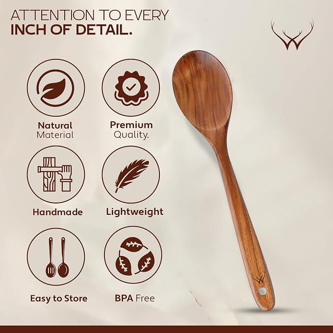 Teak Wooden Spoon for Cooking With Teak Spoon Rest - Made of Premium Natural Teak Wood